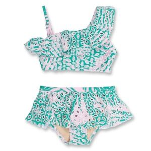 Shade Critters Girls One-Shoulder Retro Ruffle Bikini in Botanical Eyelet - 2T